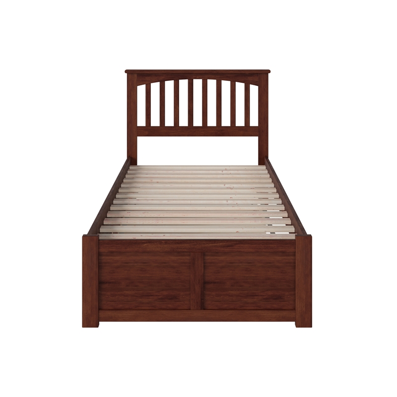 Mission Twin Wood Platform Bed with Footboard and Twin Trundle in Walnut