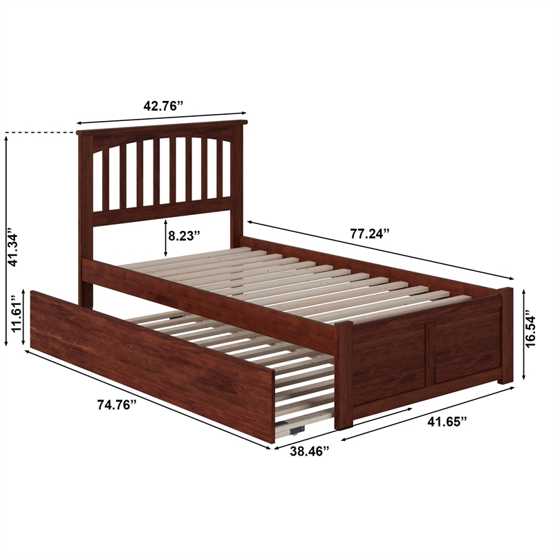 Mission Twin Wood Platform Bed with Footboard and Twin Trundle in Walnut