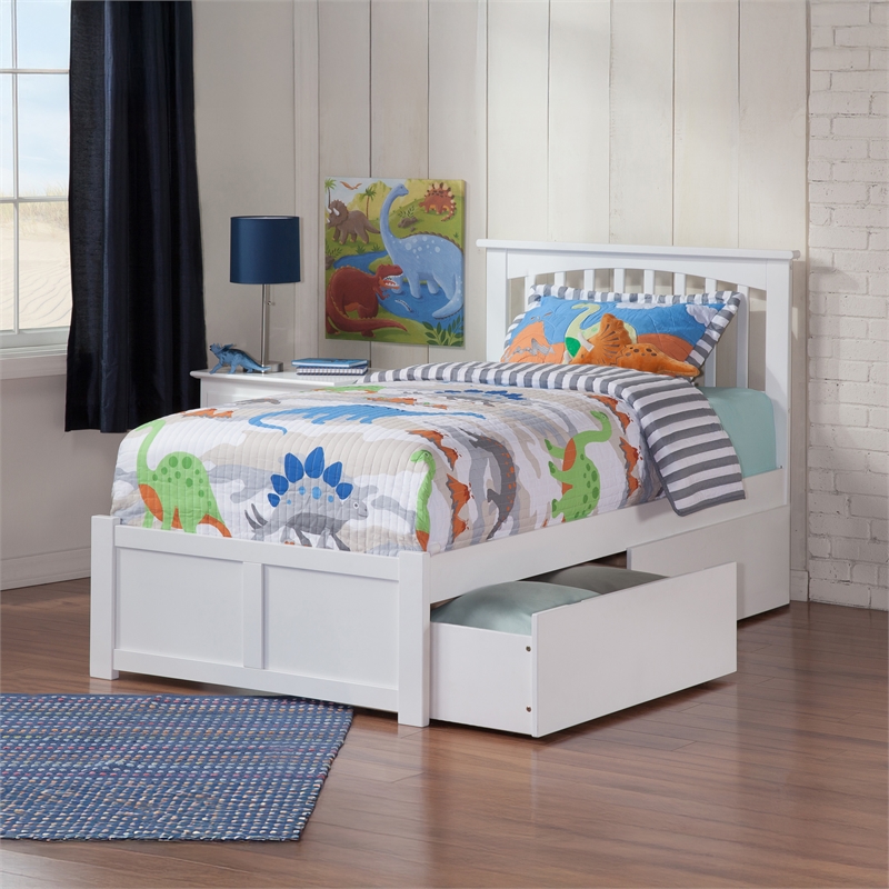 Mission Twin Wood Platform Bed with Footboard and Storage Drawers in White