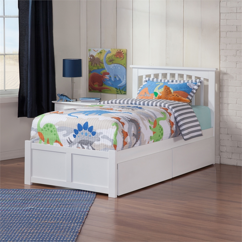 Mission Twin Wood Platform Bed with Footboard and Storage Drawers in White