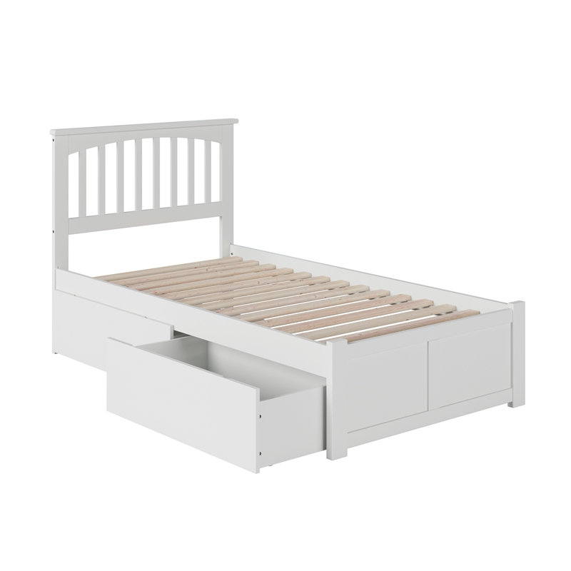 Mission Twin Wood Platform Bed with Footboard and Storage Drawers in White