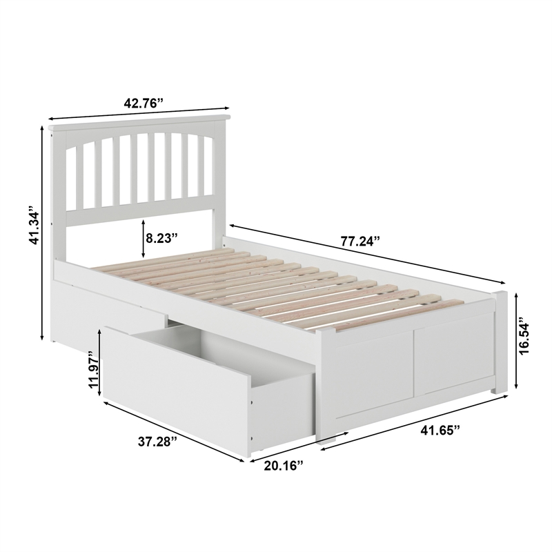 Mission Twin Wood Platform Bed with Footboard and Storage Drawers in White