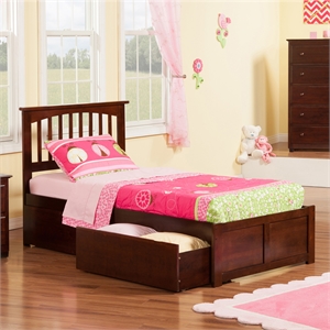 Mission Twin Wood Platform Bed with Footboard and Storage Drawers in Walnut