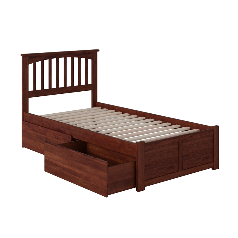 Mission Twin Wood Platform Bed with Footboard and Storage Drawers in Walnut