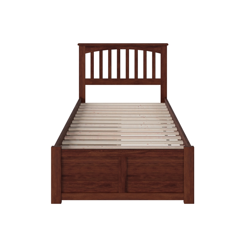 Mission Twin Wood Platform Bed with Footboard and Storage Drawers in Walnut