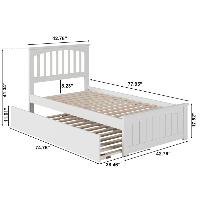Mission Twin Wood Platform Bed with Matching Footboard & Twin Trundle in White