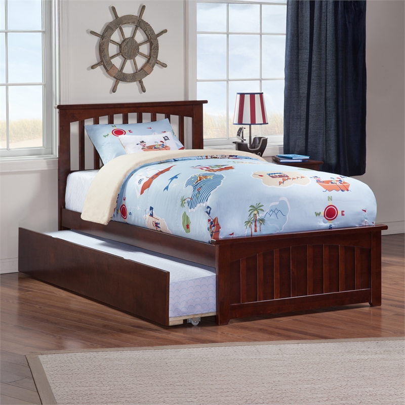 Mission Twin Wood Platform Bed with Matching Footboard & Twin Trundle in Walnut