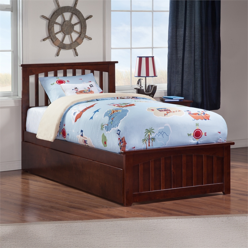Mission Twin Wood Platform Bed with Matching Footboard & Twin Trundle in Walnut