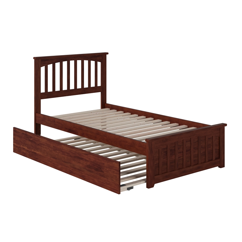 Mission Twin Wood Platform Bed with Matching Footboard & Twin Trundle in Walnut