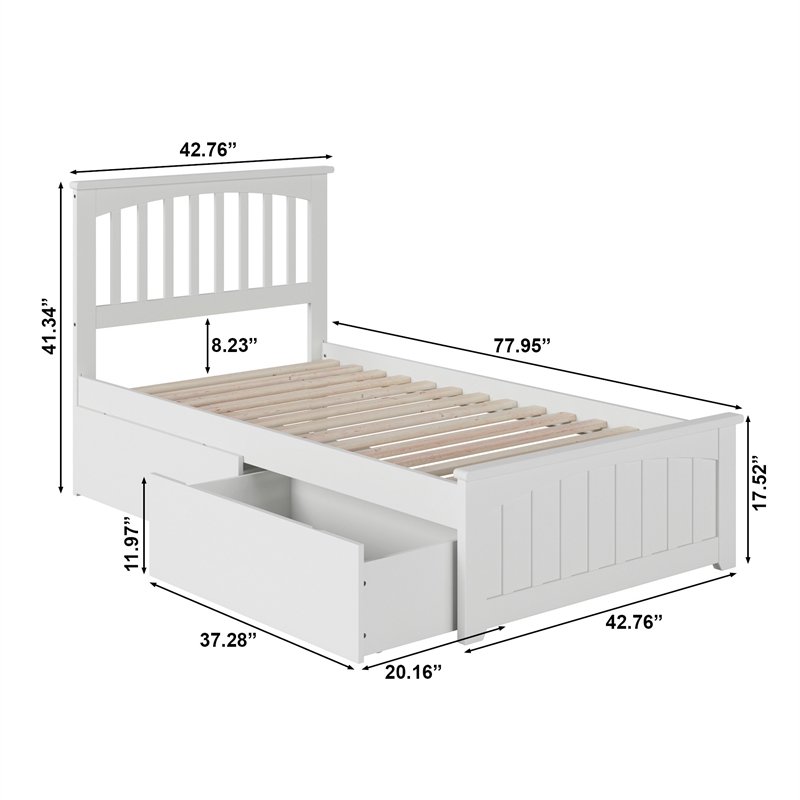 AFI Mission Solid Wood Twin Bed and Footboard with Storage Drawers in White