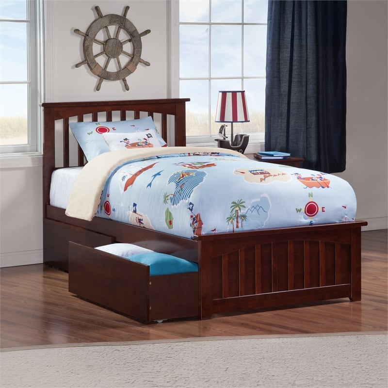 Mission Twin Platform Bed with Matching Footboard & Storage Drawers in Walnut