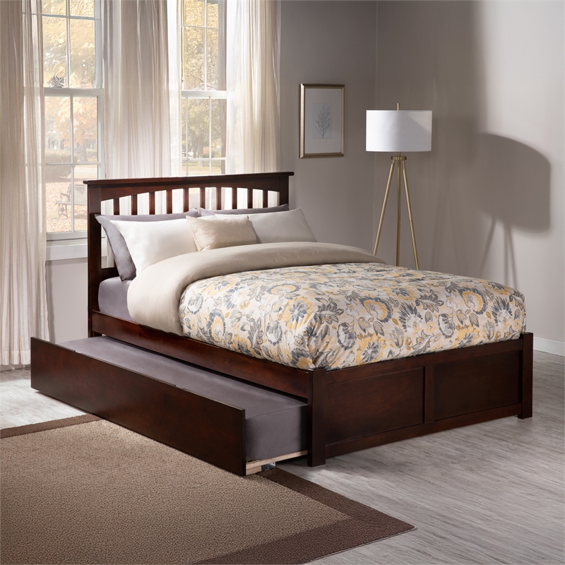 Mission Full Wood Platform Bed with Footboard and Twin Trundle in Walnut