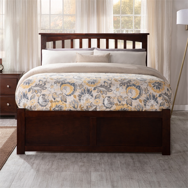 Mission Full Wood Platform Bed with Footboard and Twin Trundle in Walnut