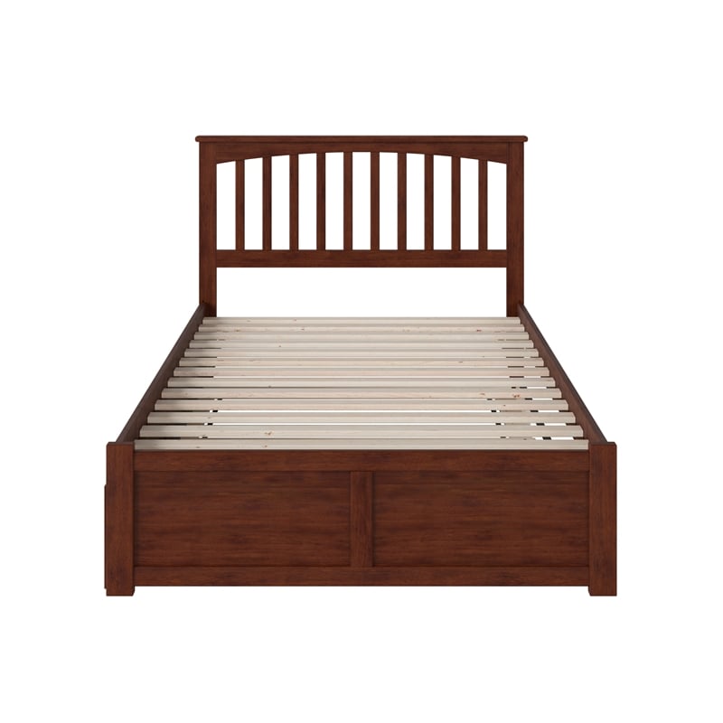 Mission Full Wood Platform Bed with Footboard and Twin Trundle in Walnut