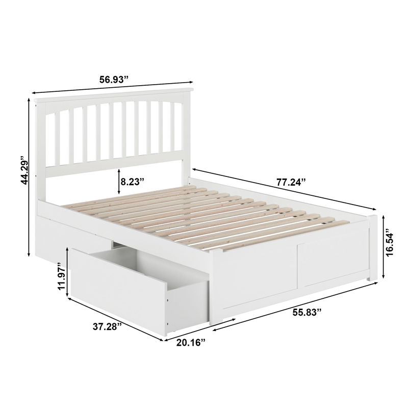 Mission Full Wood Platform Bed with Footboard and Storage Drawers in White