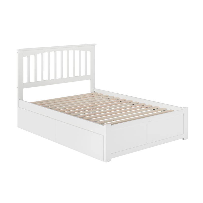 Mission Full Wood Platform Bed with Footboard and Storage Drawers in White