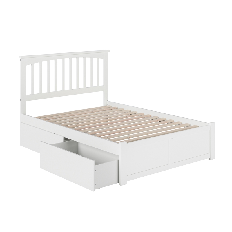 Mission Full Wood Platform Bed with Footboard and Storage Drawers in White