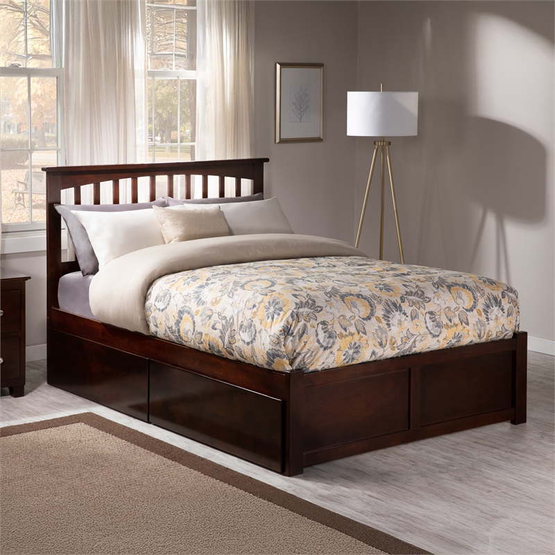 Mission Full Wood Platform Bed with Footboard and Storage Drawers in Walnut