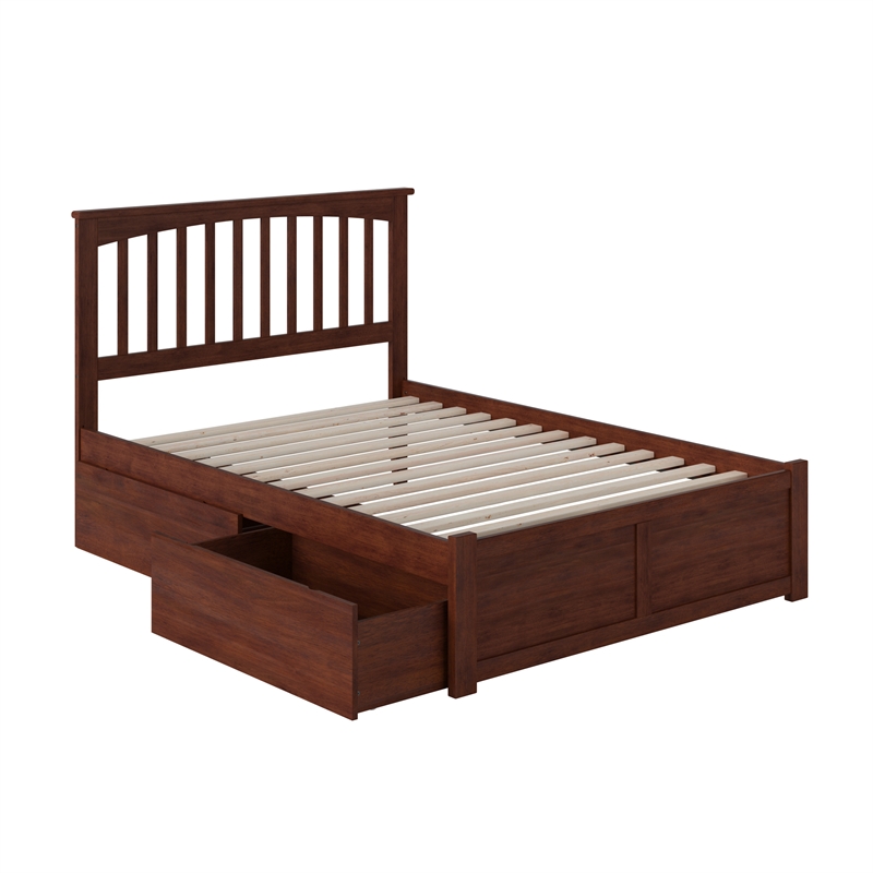 Mission Full Wood Platform Bed with Footboard and Storage Drawers in Walnut