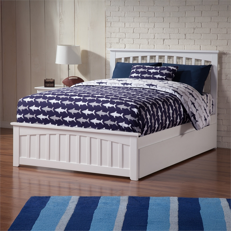 Mission Full Wood Platform Bed with Matching Footboard & Twin Trundle in White