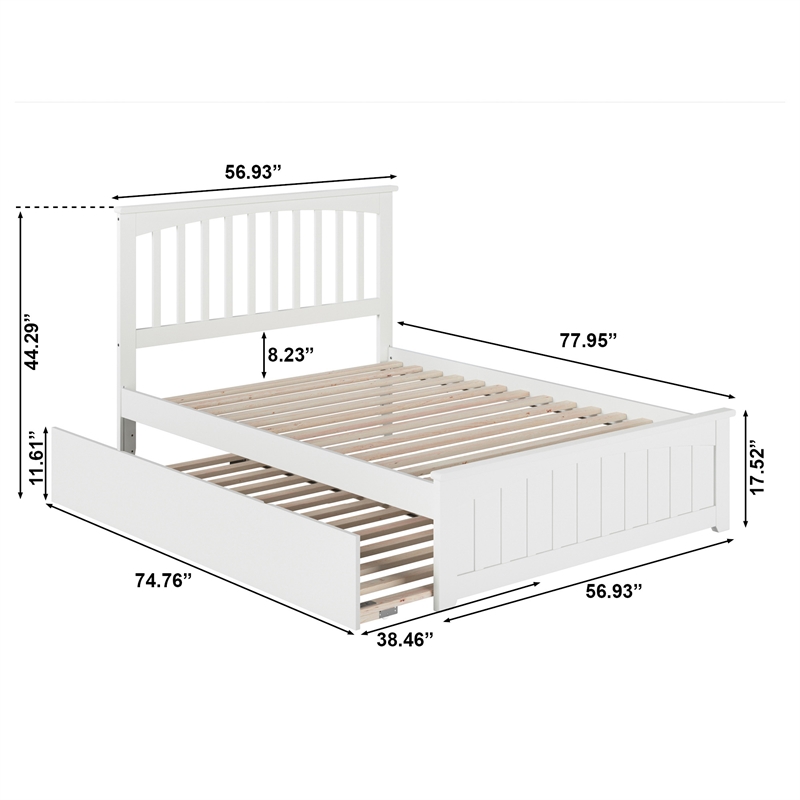 Mission Full Wood Platform Bed with Matching Footboard & Twin Trundle in White
