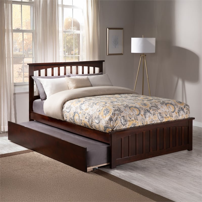 Mission Full Wood Platform Bed with Matching Footboard & Twin Trundle in Walnut