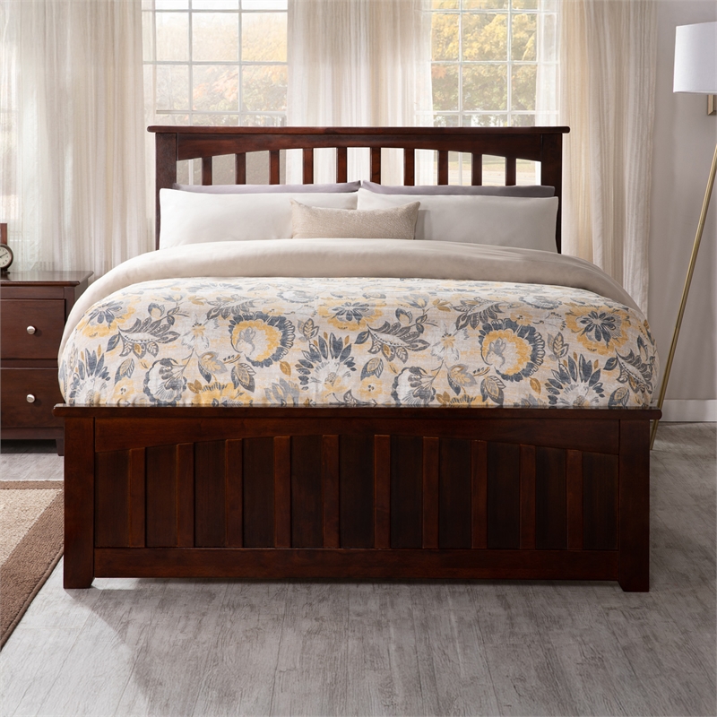 Mission Full Wood Platform Bed with Matching Footboard & Twin Trundle in Walnut