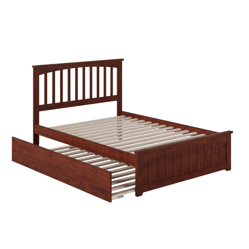 Mission Full Wood Platform Bed with Matching Footboard & Twin Trundle in Walnut