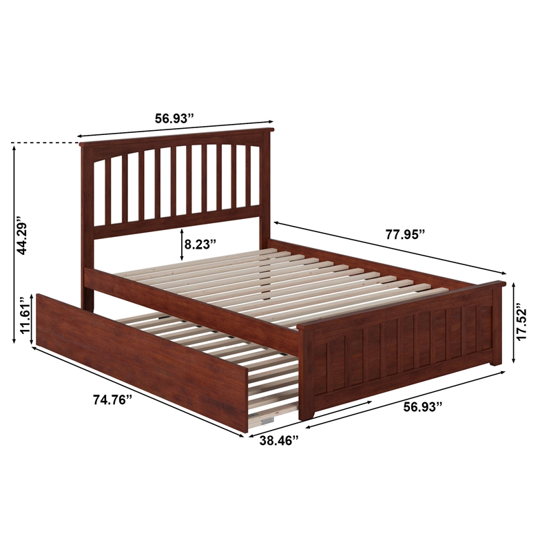 Mission Full Wood Platform Bed with Matching Footboard & Twin Trundle in Walnut