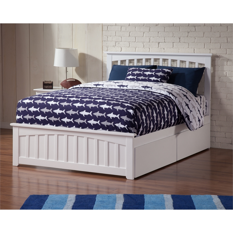 Mission Full Platform Bed with Matching Footboard & Storage Drawers in White
