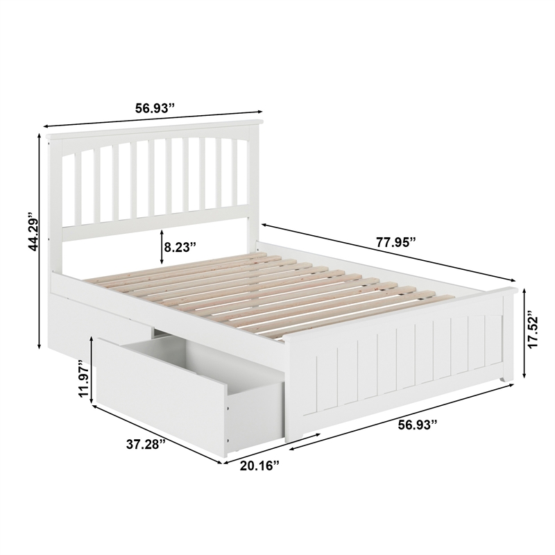 Mission Full Platform Bed with Matching Footboard & Storage Drawers in White