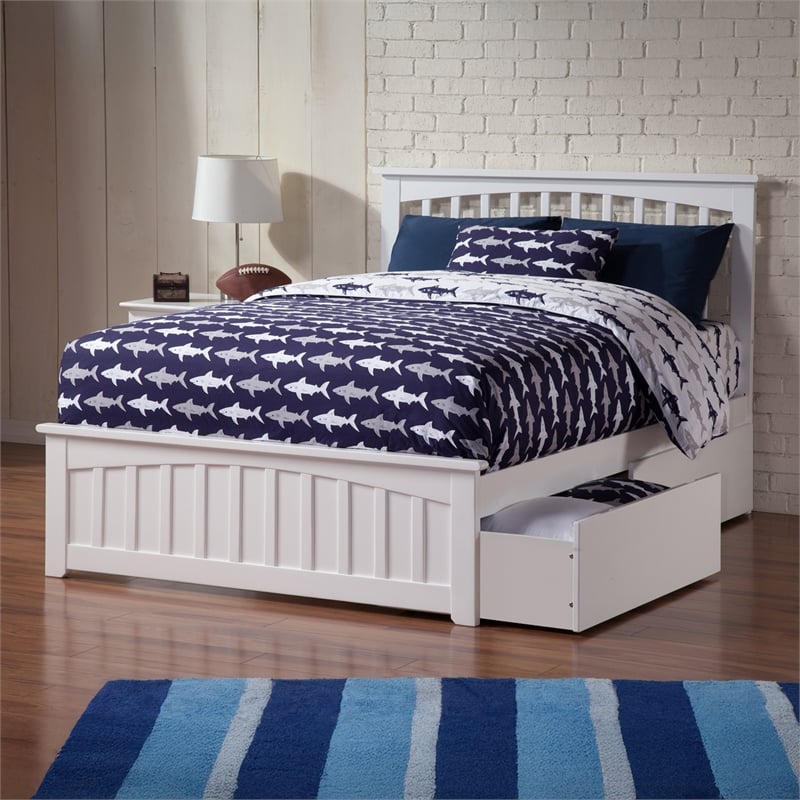 Mission Full Platform Bed with Matching Footboard & Storage Drawers in White