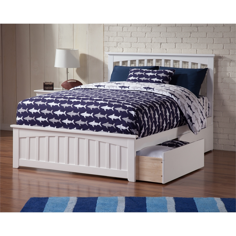 Mission Full Platform Bed with Matching Footboard & Storage Drawers in White
