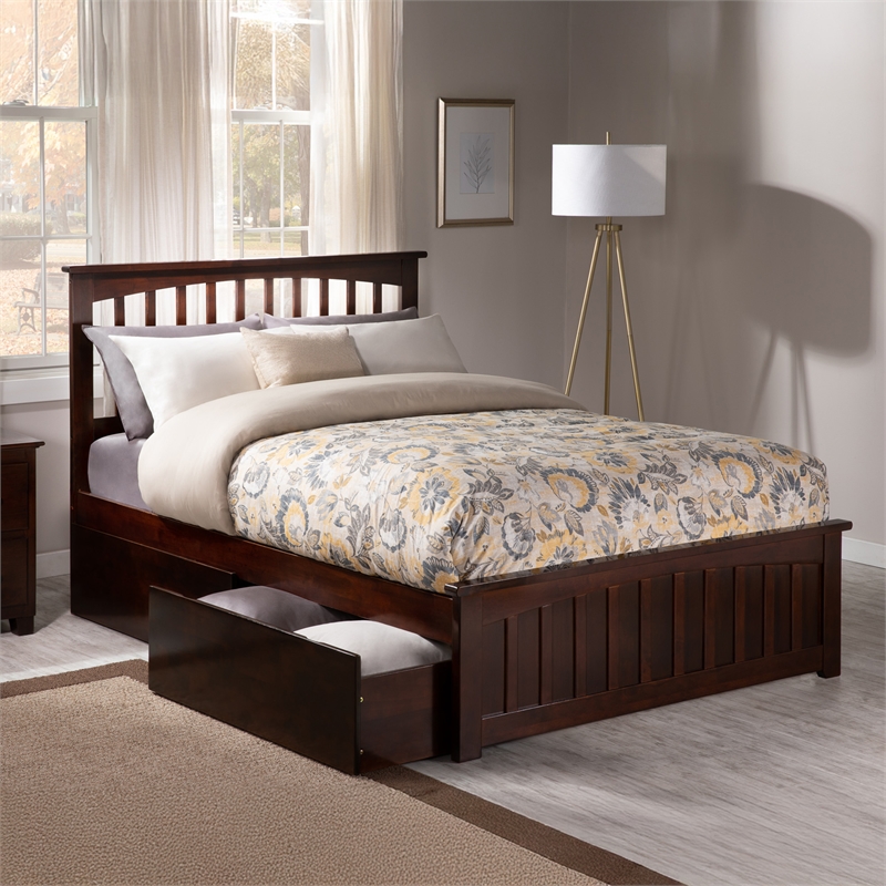 Mission Full Platform Bed with Matching Footboard & Storage Drawers in Walnut