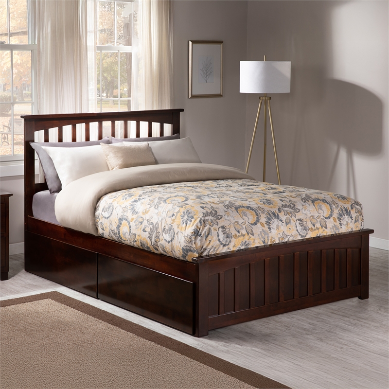 Mission Full Platform Bed with Matching Footboard & Storage Drawers in Walnut