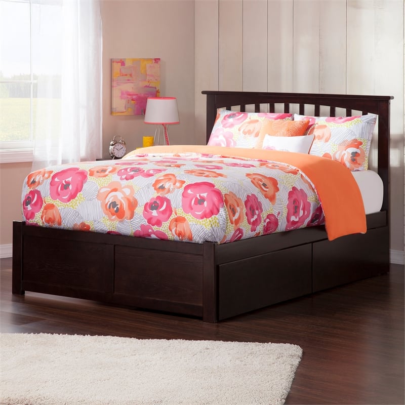 Mission Queen Wood Platform Bed with Footboard and Storage Drawers in Espresso