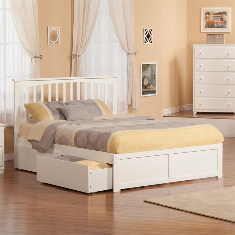 Mission Queen Wood Platform Bed with Footboard and Storage Drawers in White