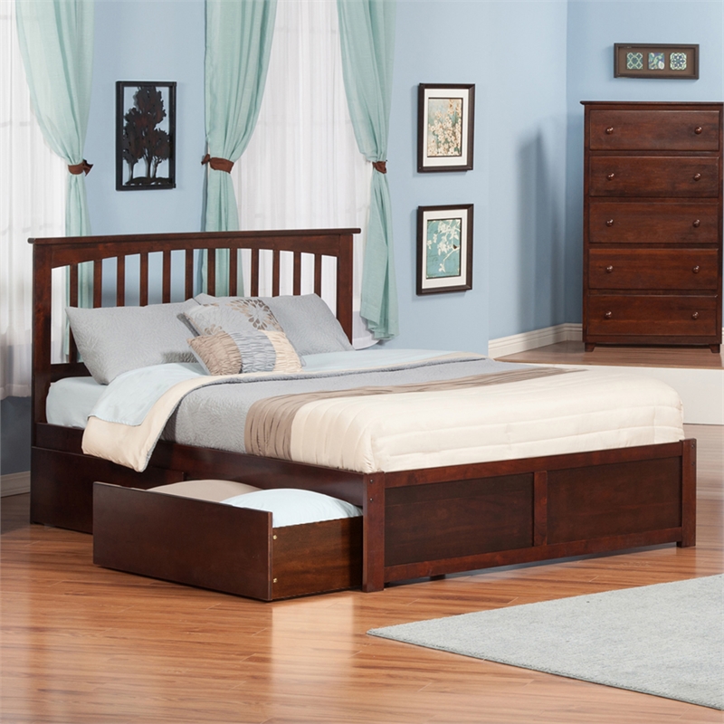 Mission Queen Wood Platform Bed with Footboard and Storage Drawers in Walnut