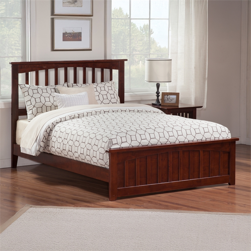 Mission Queen Wood Foundation Bed with Matching Footboard in Walnut