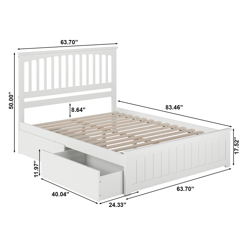Mission Queen Platform Bed with Matching Footboard & Storage Drawers in White
