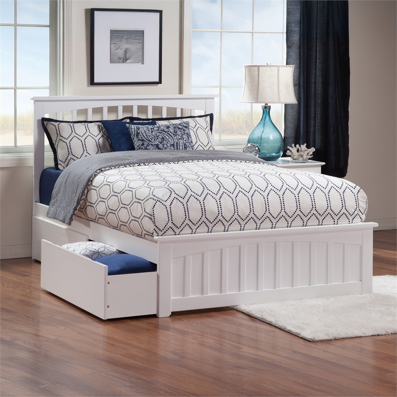 Mission Queen Platform Bed with Matching Footboard & Storage Drawers in White