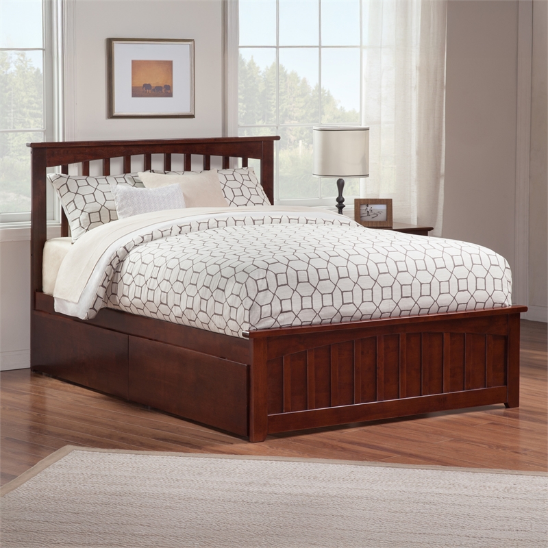 Mission Queen Platform Bed with Matching Footboard & Storage Drawers in Walnut