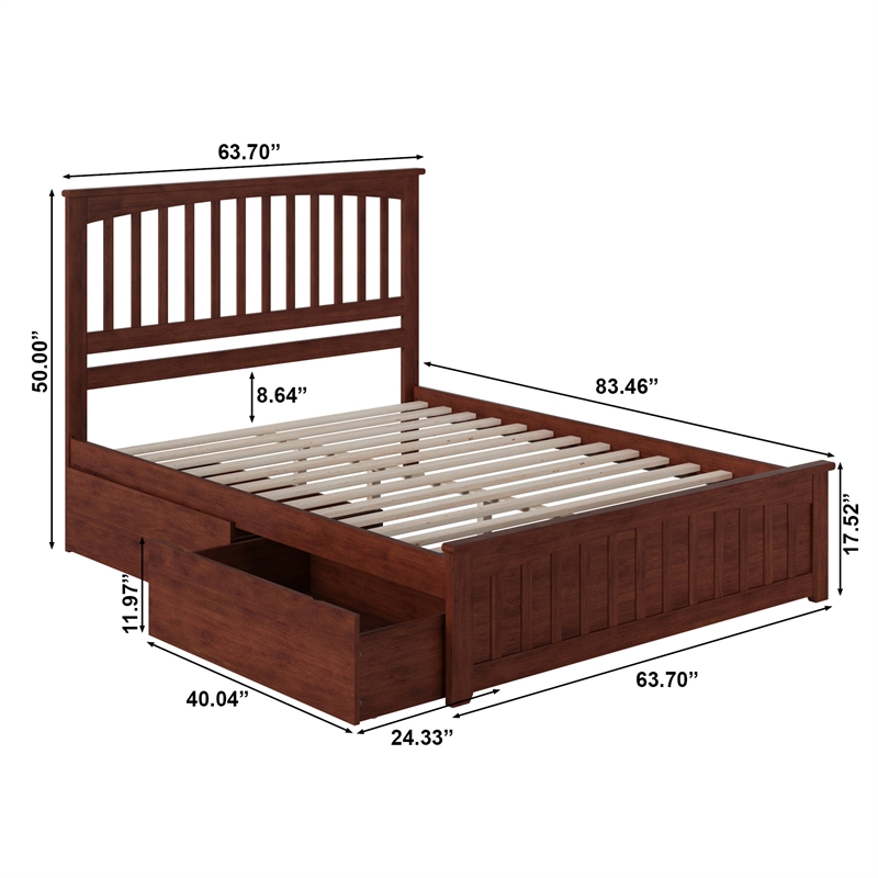 Mission Queen Platform Bed with Matching Footboard & Storage Drawers in Walnut