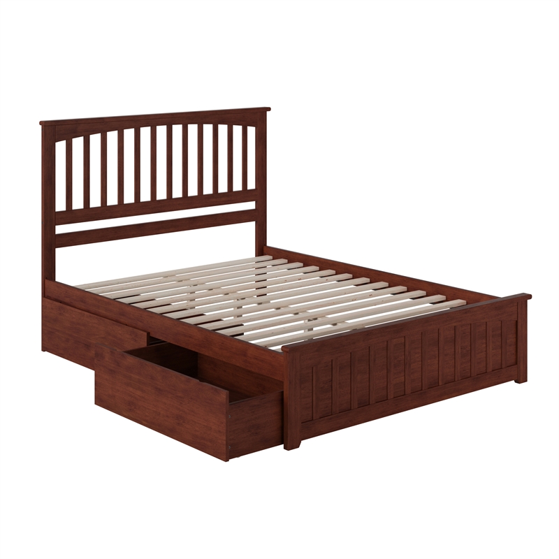 Mission Queen Platform Bed with Matching Footboard & Storage Drawers in Walnut