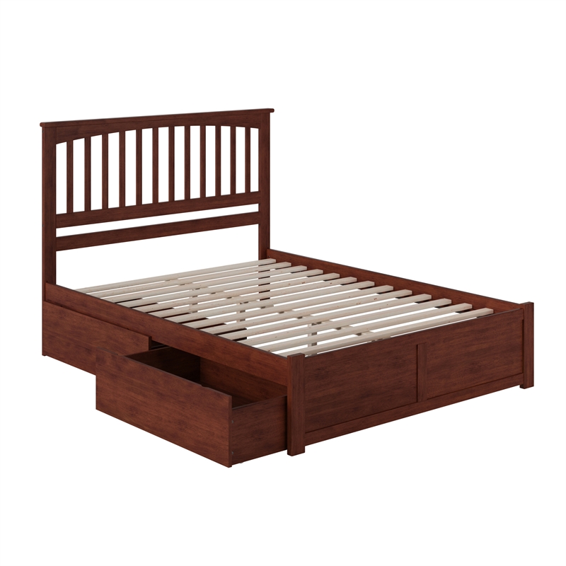 Mission King Wood Platform Bed with Footboard & Storage Drawers in Walnut