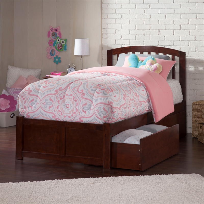 Richmond Twin Wood Platform Bed with Footboard and Storage Drawers in Walnut