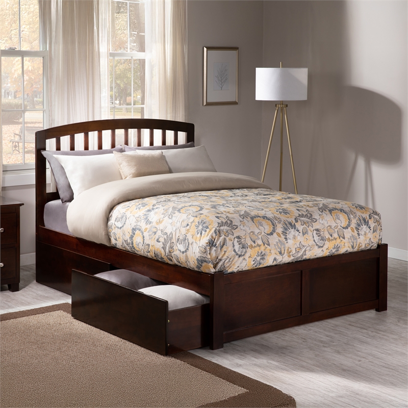 Richmond Full Wood Platform Bed with Footboard and Storage Drawers in Walnut