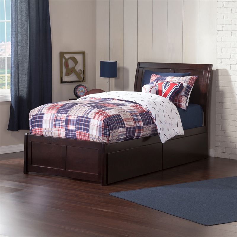 Portland Twin XL Wood Platform Bed with Footboard & Storage Drawers in Espresso