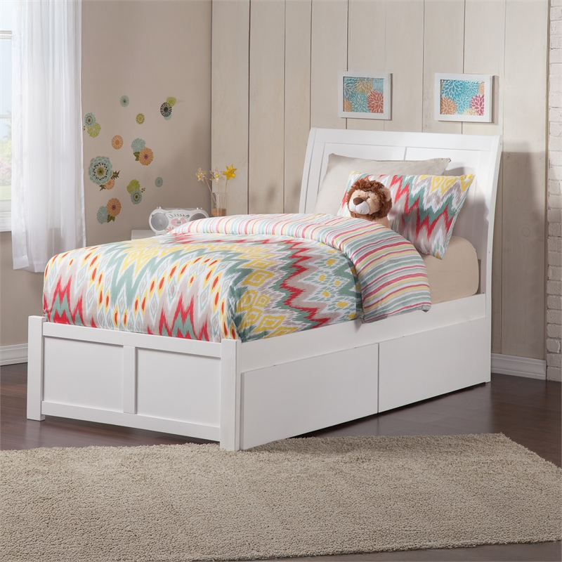 Portland Twin XL Wood Platform Bed with Footboard & Storage Drawers in White