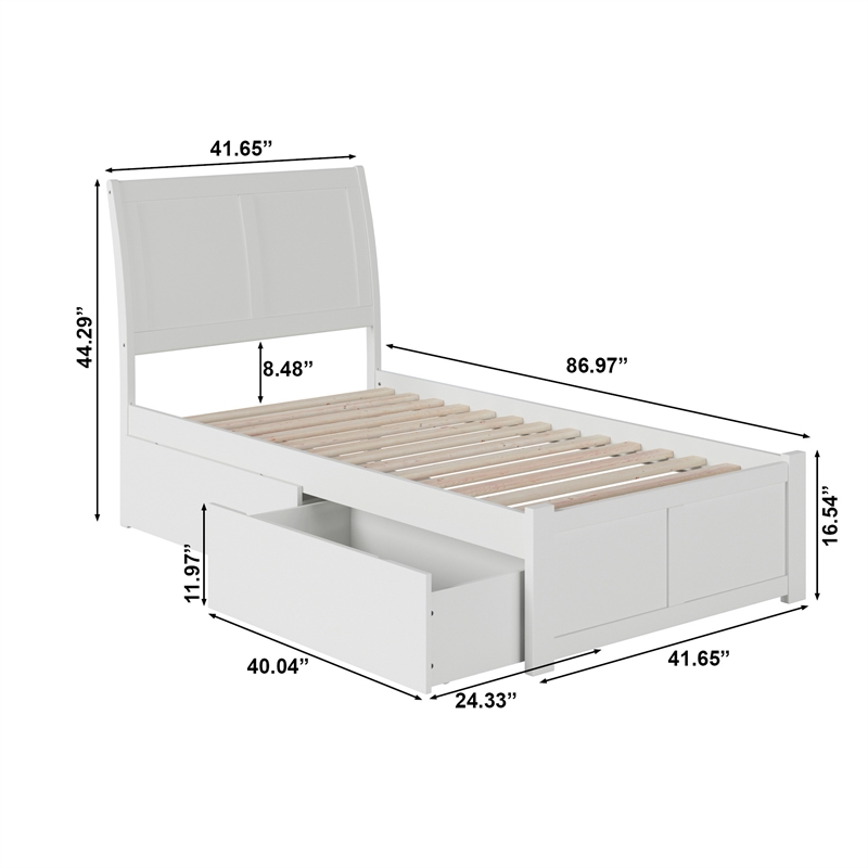 Portland Twin XL Wood Platform Bed with Footboard & Storage Drawers in White